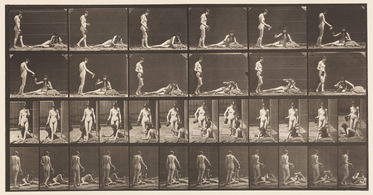 Twee modellen; staan en vullen een kelk door Eadweard Muybridge