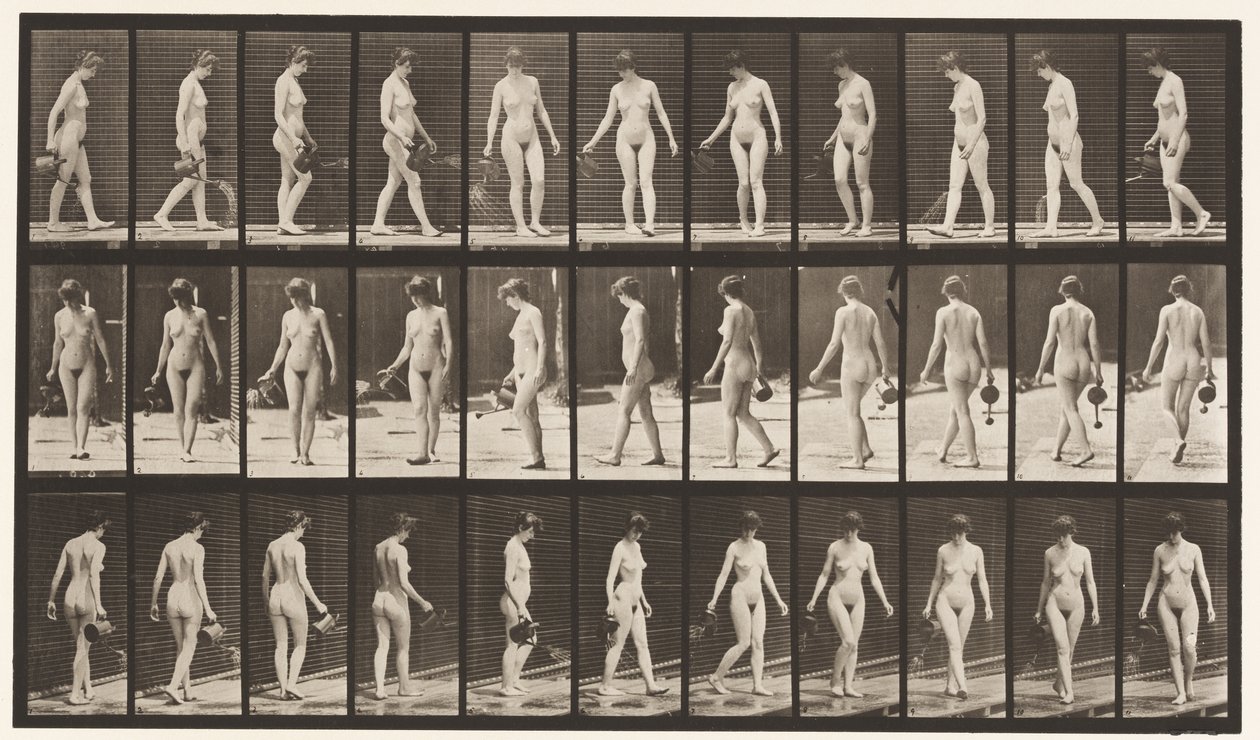 Lopen en omdraaien, gebruik van een sproeipot door Eadweard Muybridge