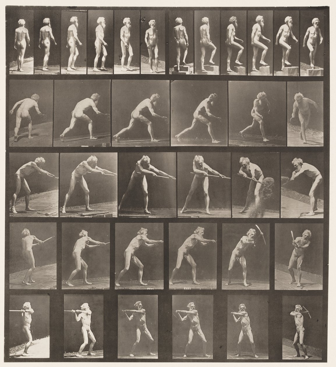 Plaat 521. A, Wandelen; B, Stap omhoog; C, Schijf werpen door Eadweard Muybridge