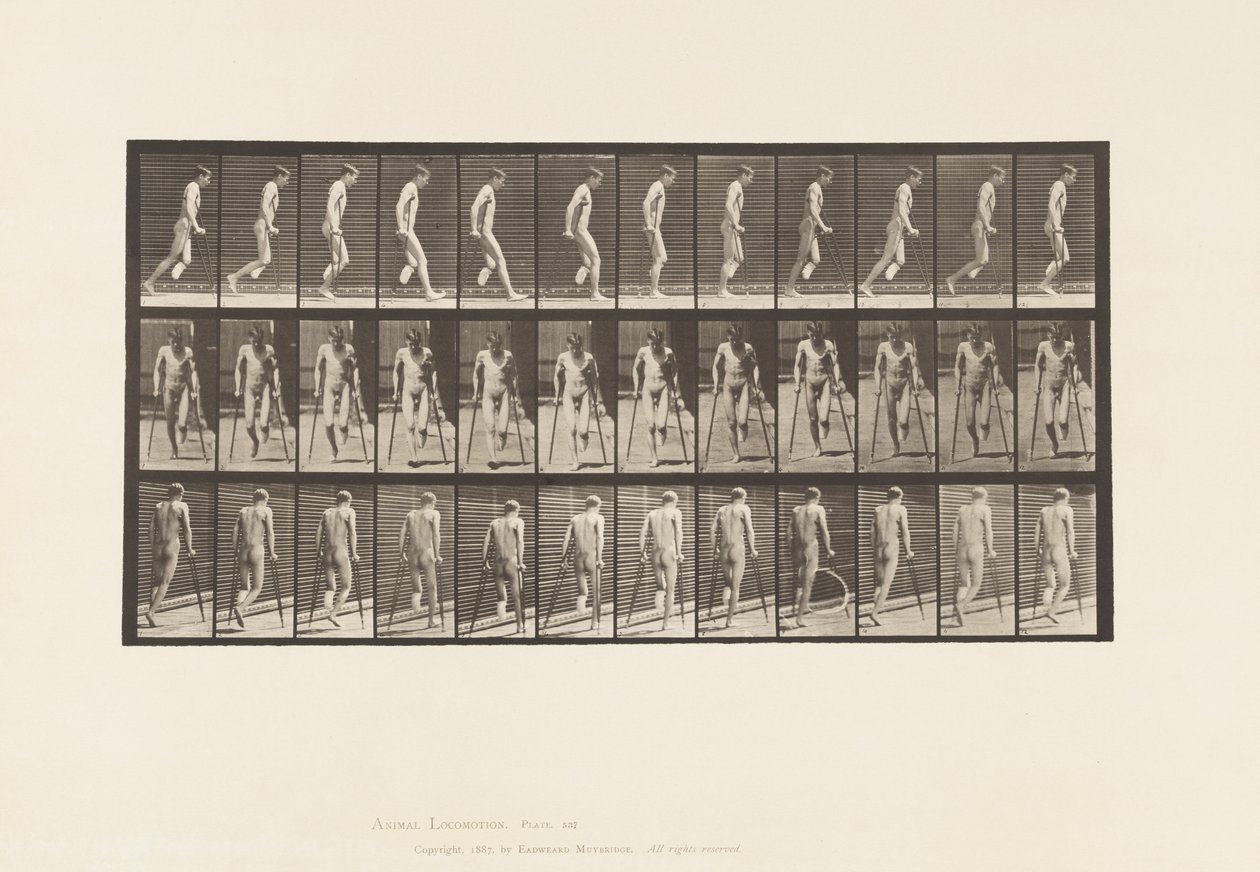 Plaat 537. Enkelvoudige Amputatie van Been; Hinkend met Krukken door Eadweard Muybridge