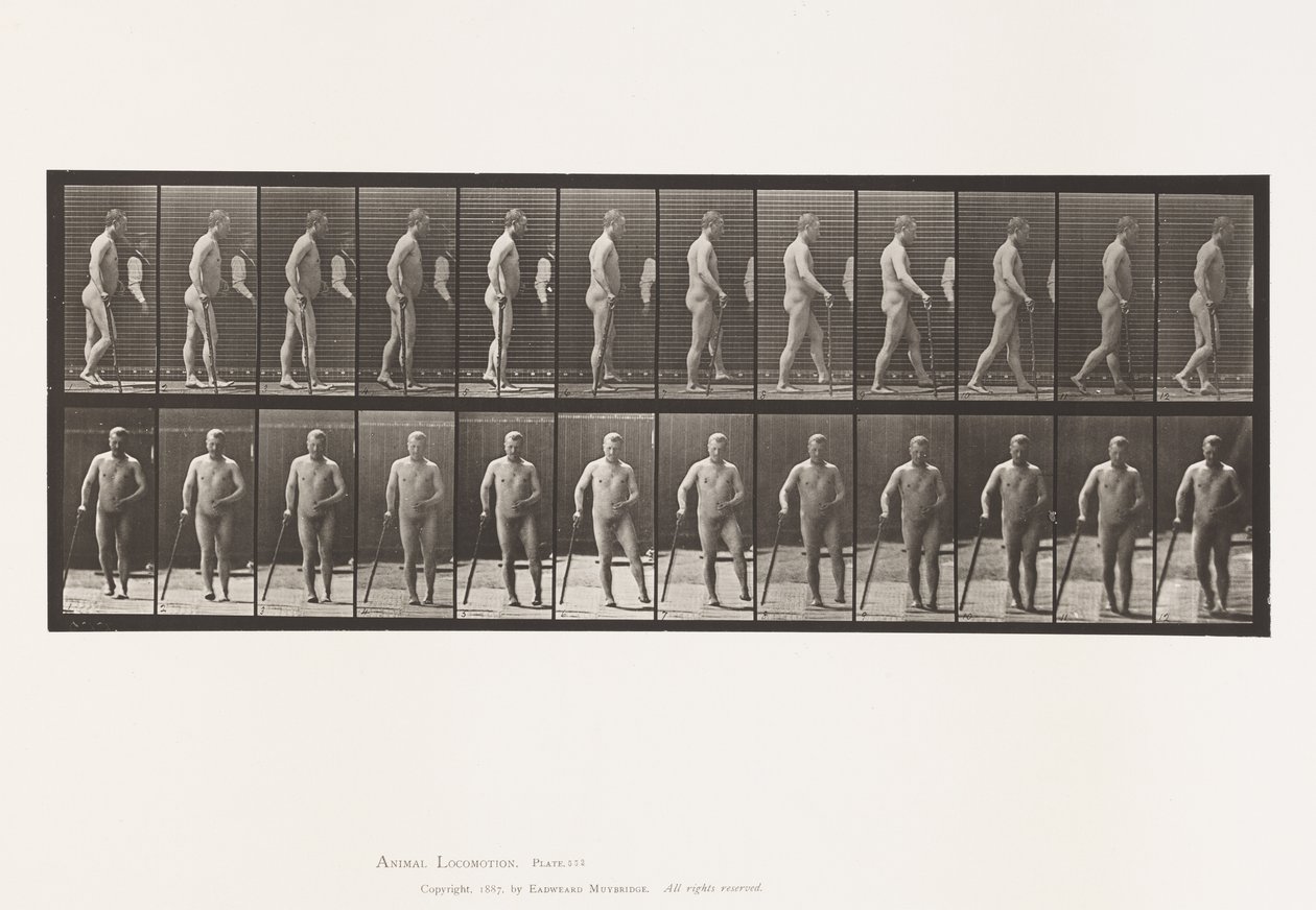 Plaat 552. Hemiplegie; lopen met stok, 1885 door Eadweard Muybridge