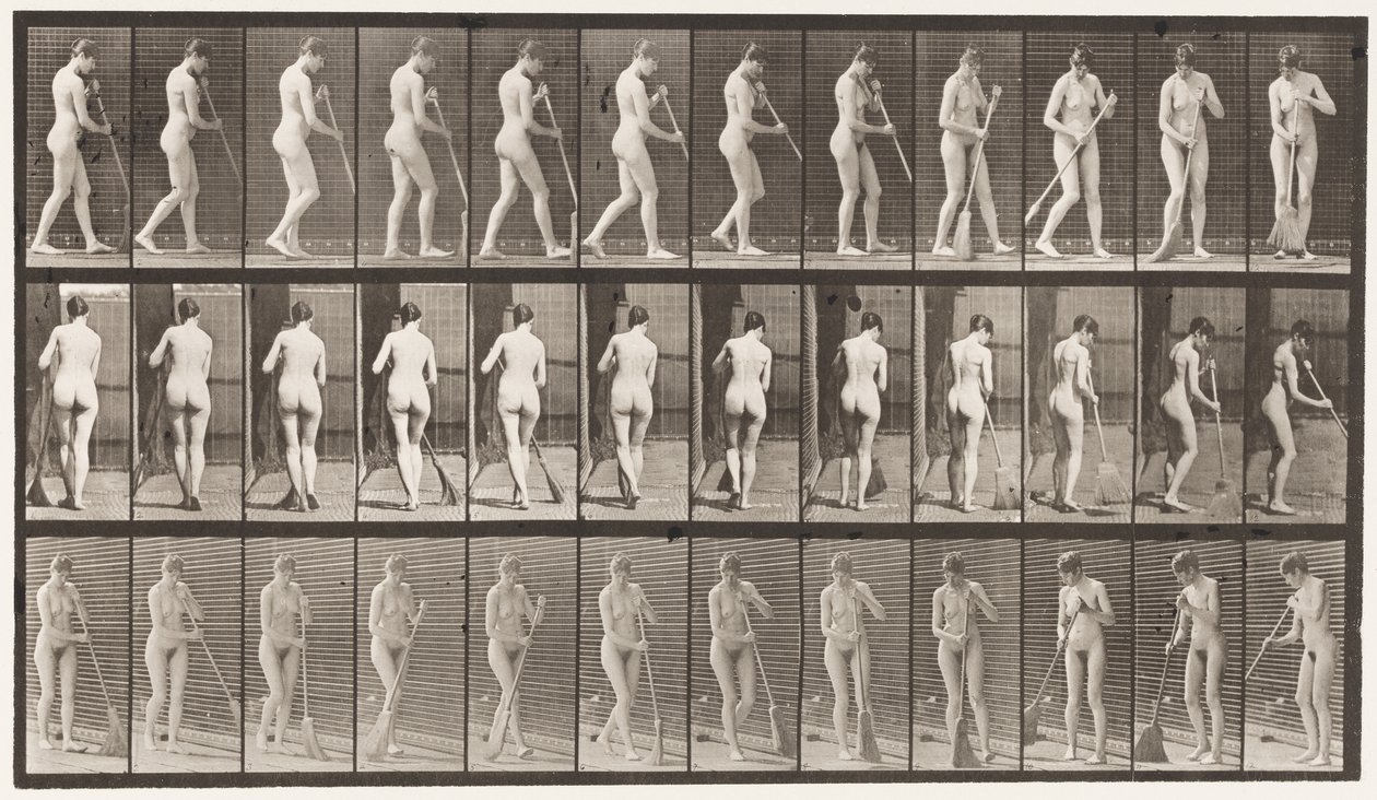 Plaat 58. Wandelen, omdraaien en de vloer vegen door Eadweard Muybridge