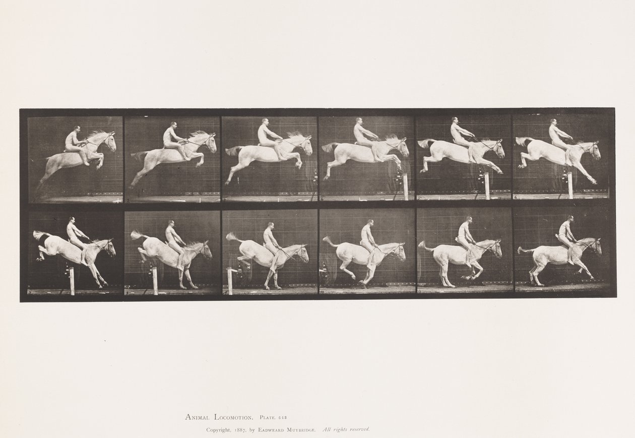 Plaat 643. Springen over een Hek; Zonder Zadel; Oversteken en Landen door Eadweard Muybridge