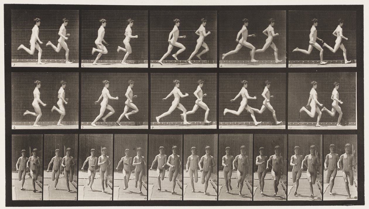 Rennen, twee modellen door Eadweard Muybridge