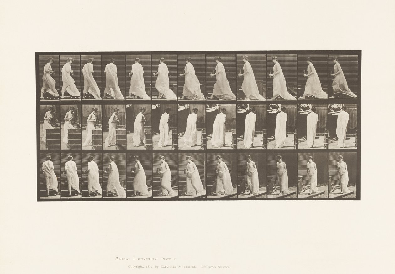 Plaat 97. Draaien om trappen op te gaan, met kruik en beker in handen door Eadweard Muybridge