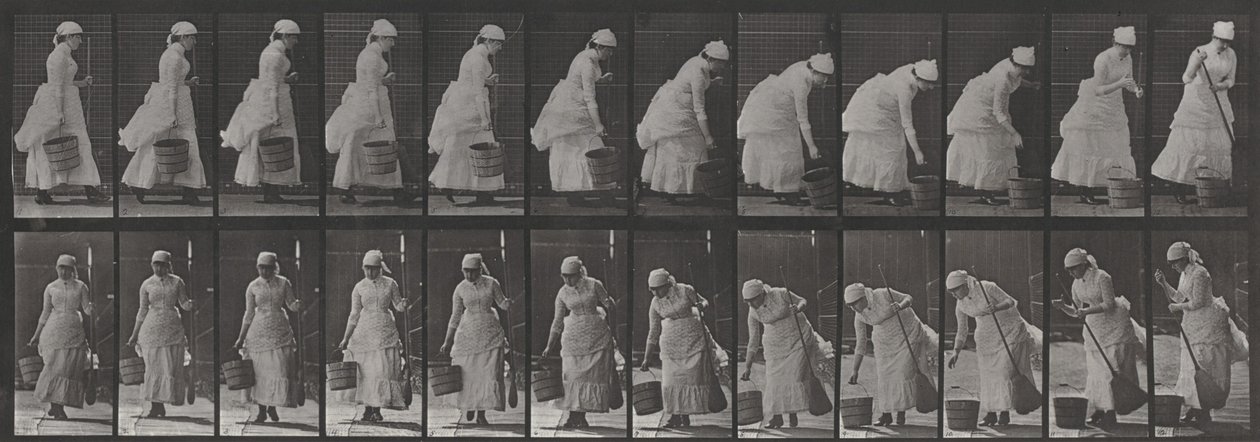 Plaat nummer 437. Een emmer neerzetten en zich voorbereiden om te vegen door Eadweard Muybridge
