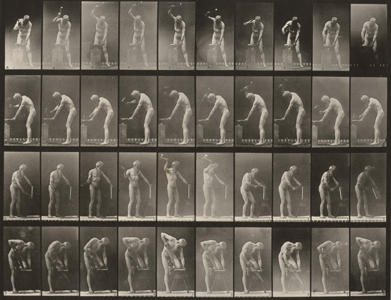 Plaat nummer 491. A, B: Hameren op een aambeeld. C: Gebruik van een hakbijl. D: Zagen van een plank door Eadweard Muybridge