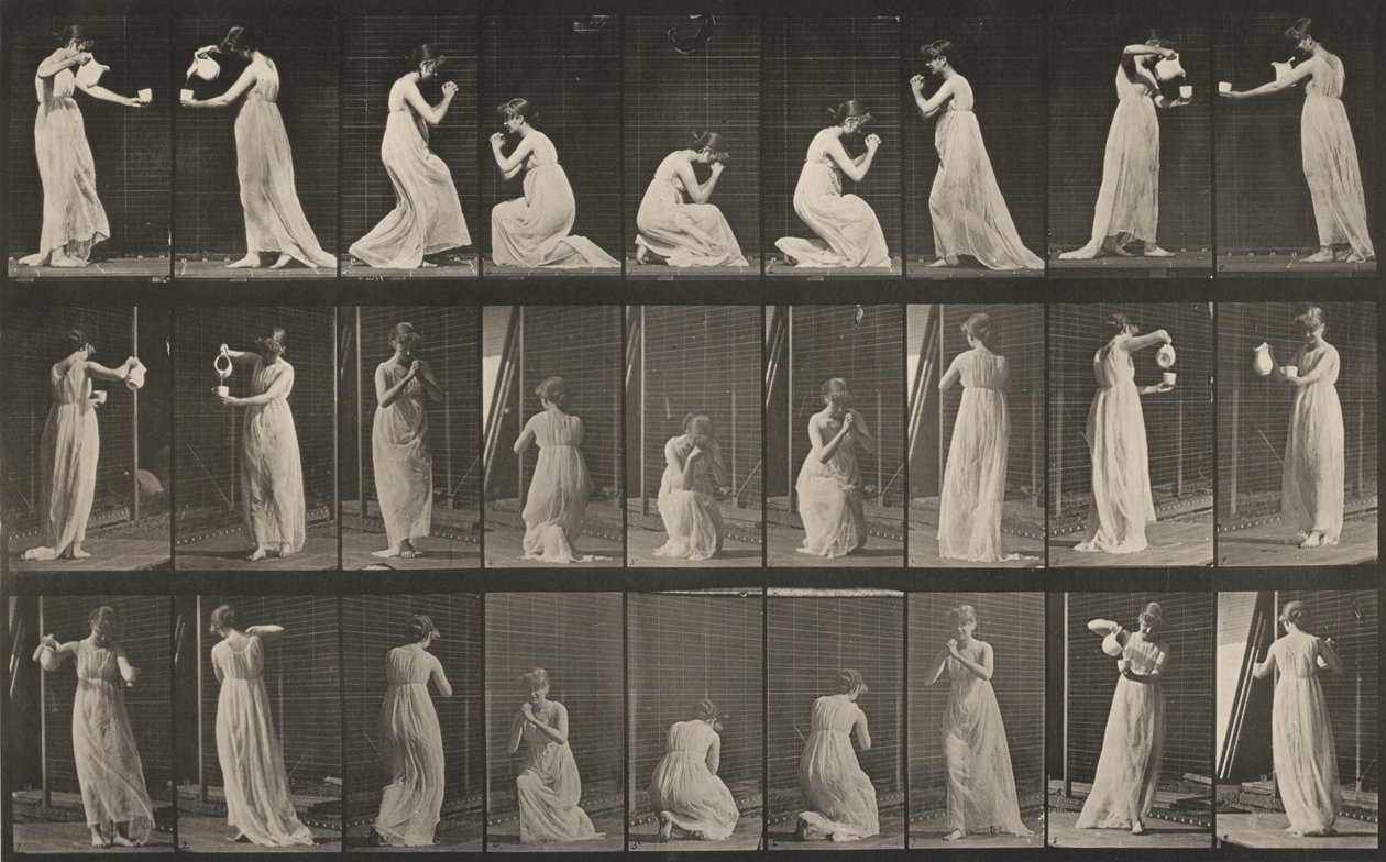 Plaat nummer 502. Diverse houdingen, gebukt, knielend, enz. door Eadweard Muybridge