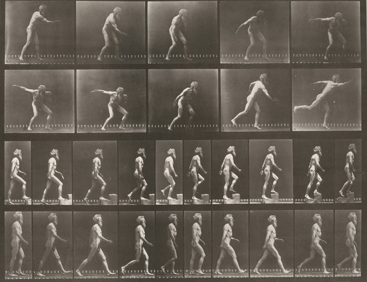 Plaat nummer 519. A: Een discus werpen. B: Een trede beklimmen. C: Lopen door Eadweard Muybridge