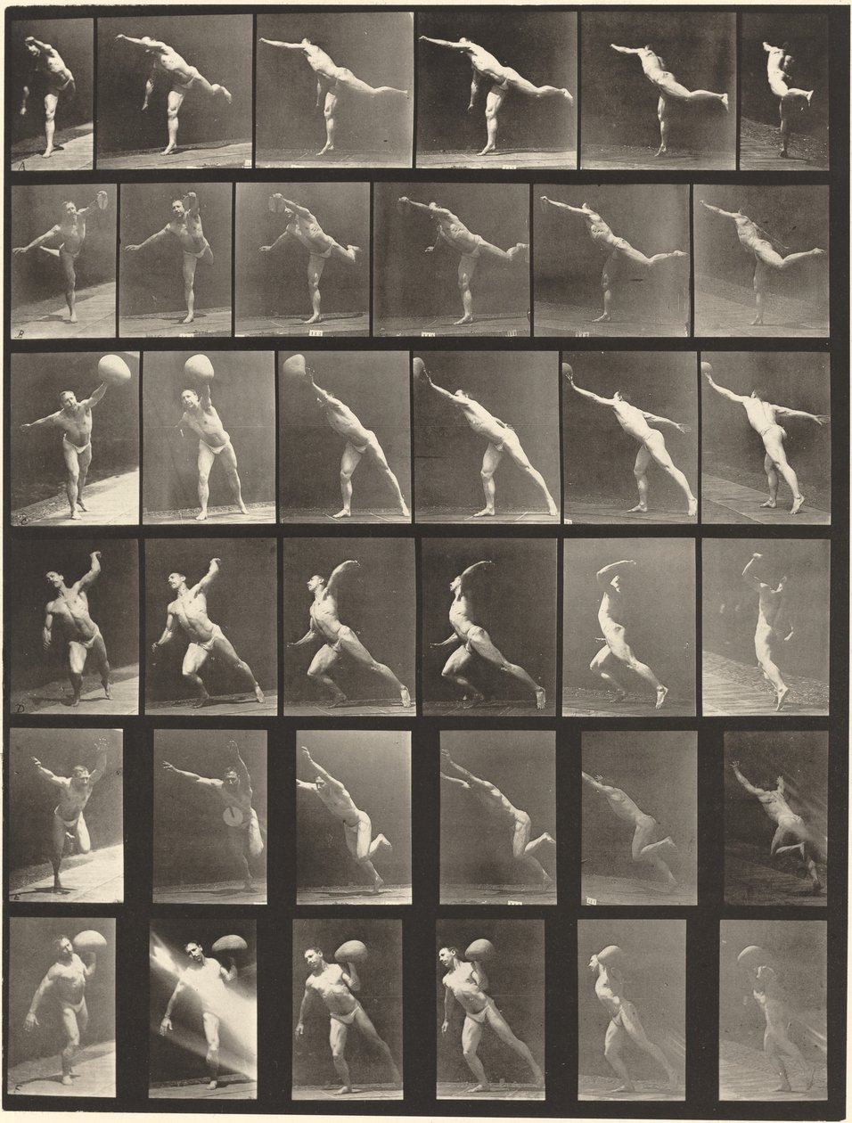 Plaat nummer 523. A: Een slag slaan. B, E: Schijf werpen. C, F: Een steen van 75 pond heffen. D: Een bal gooien door Eadweard Muybridge