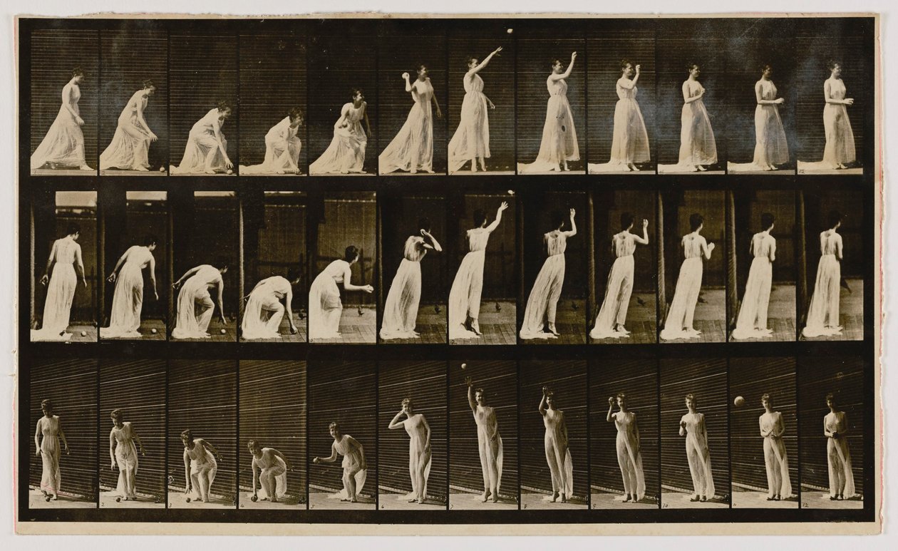 Vrouw die een bal oppakt en gooit, uit het boek Animal Locomotion door Eadweard Muybridge