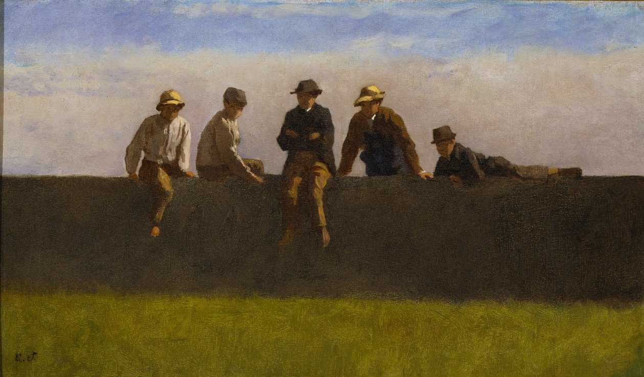 Vijf jongens op een muur door Eastman Johnson