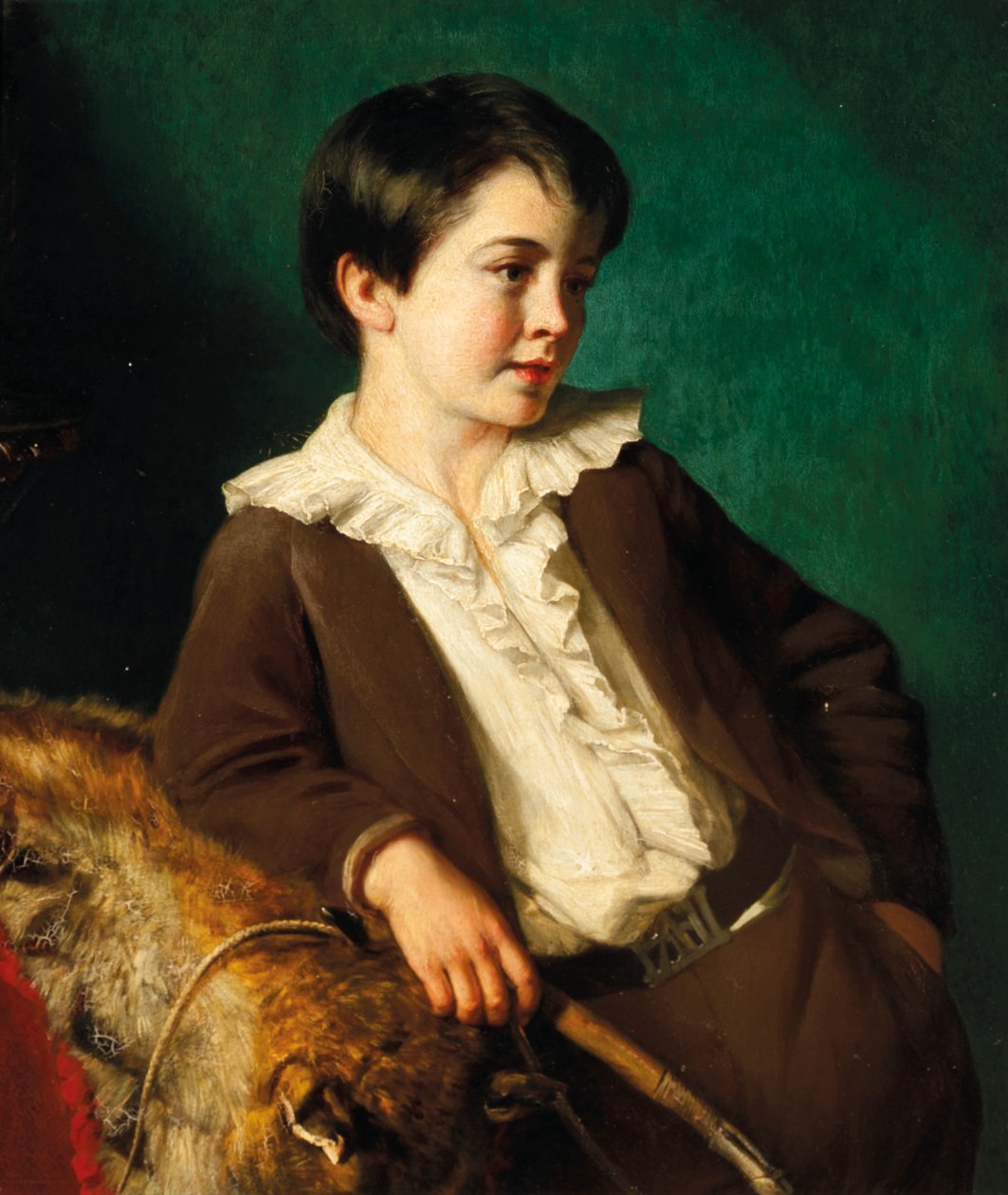 Portret van Meester John Lethbridge van Tregeare Manor, Launceston, Devon, driekwart lengte, in een bruin pak met een zweep, leunend op een dierenhuid door Eden Upton Eddis