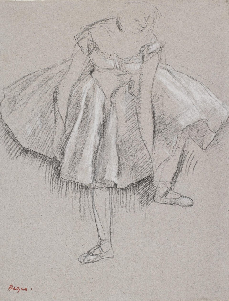Danseres die haar schoen aanpast door Edgar Degas