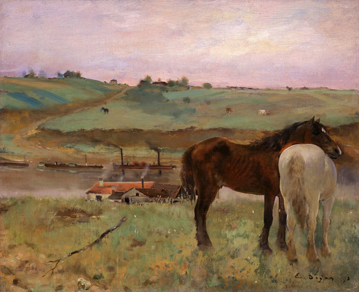 Paarden in een weiland door Edgar Degas