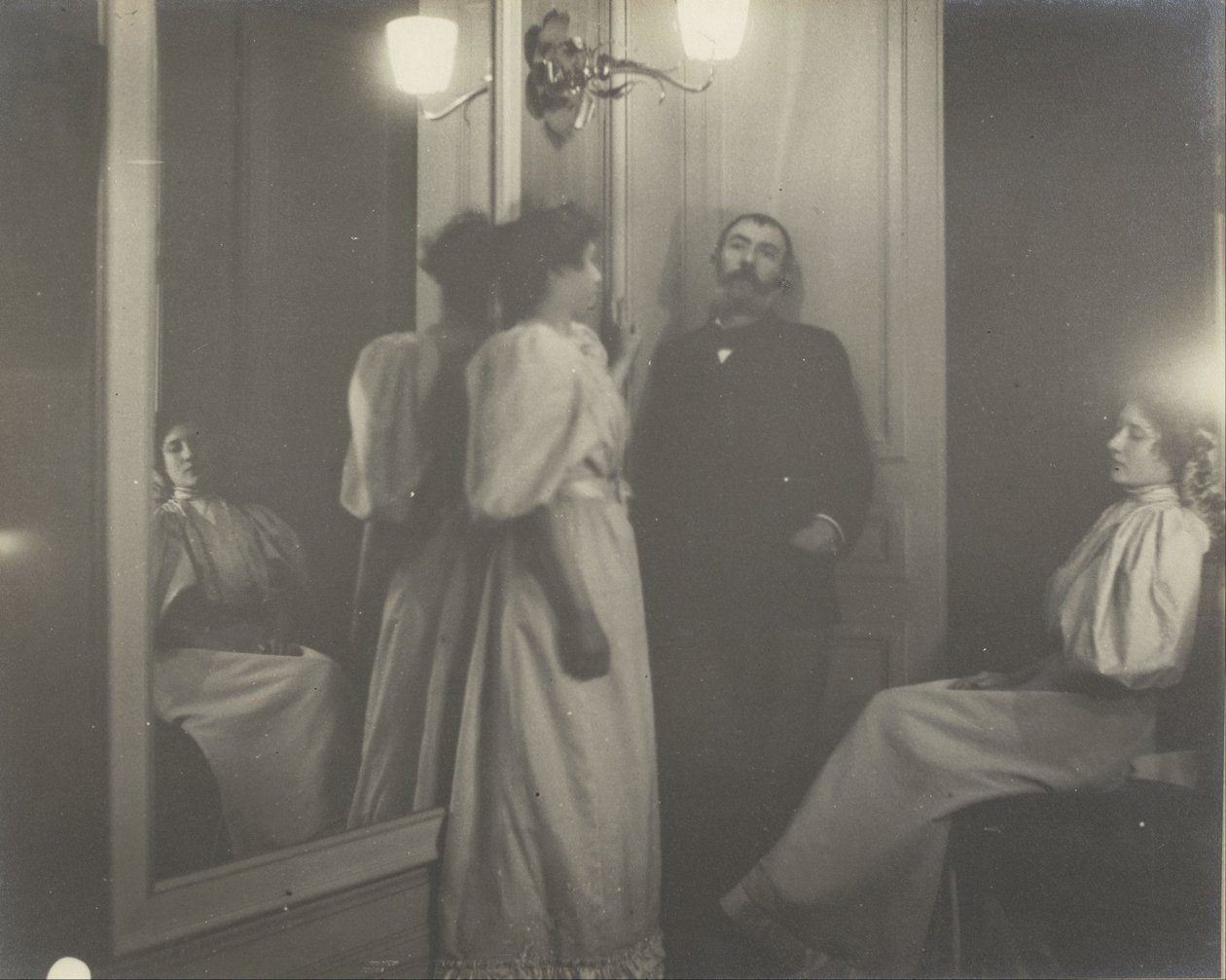 Portret van Henry Lerolle met twee van zijn dochters, Yvonne en Christine en een spiegel door Edgar Degas
