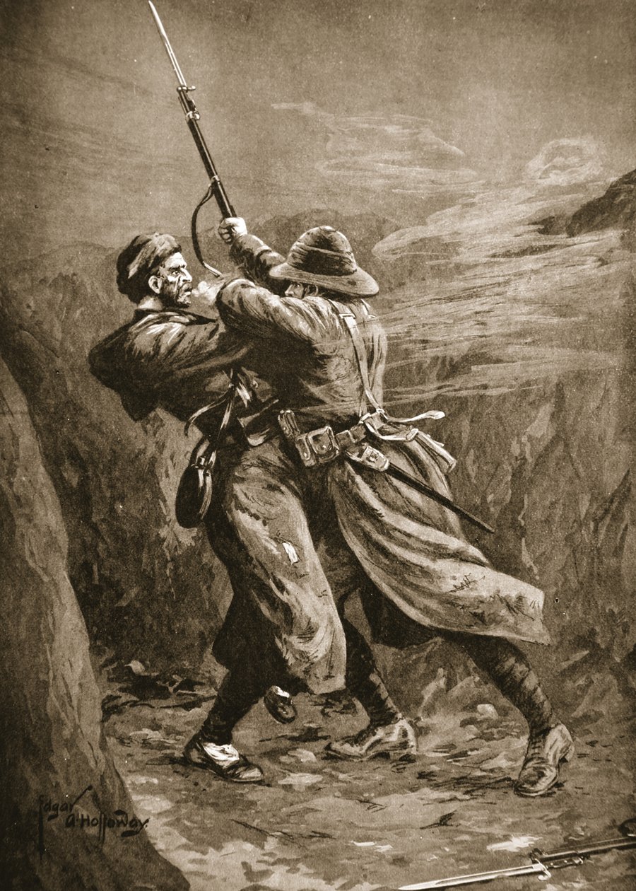 Soldaat Lavin die worstelt met een Turkse bommenwerper in een Britse loopgraaf bij Suvla Bay, Gallipoli door Edgar Alfred Holloway