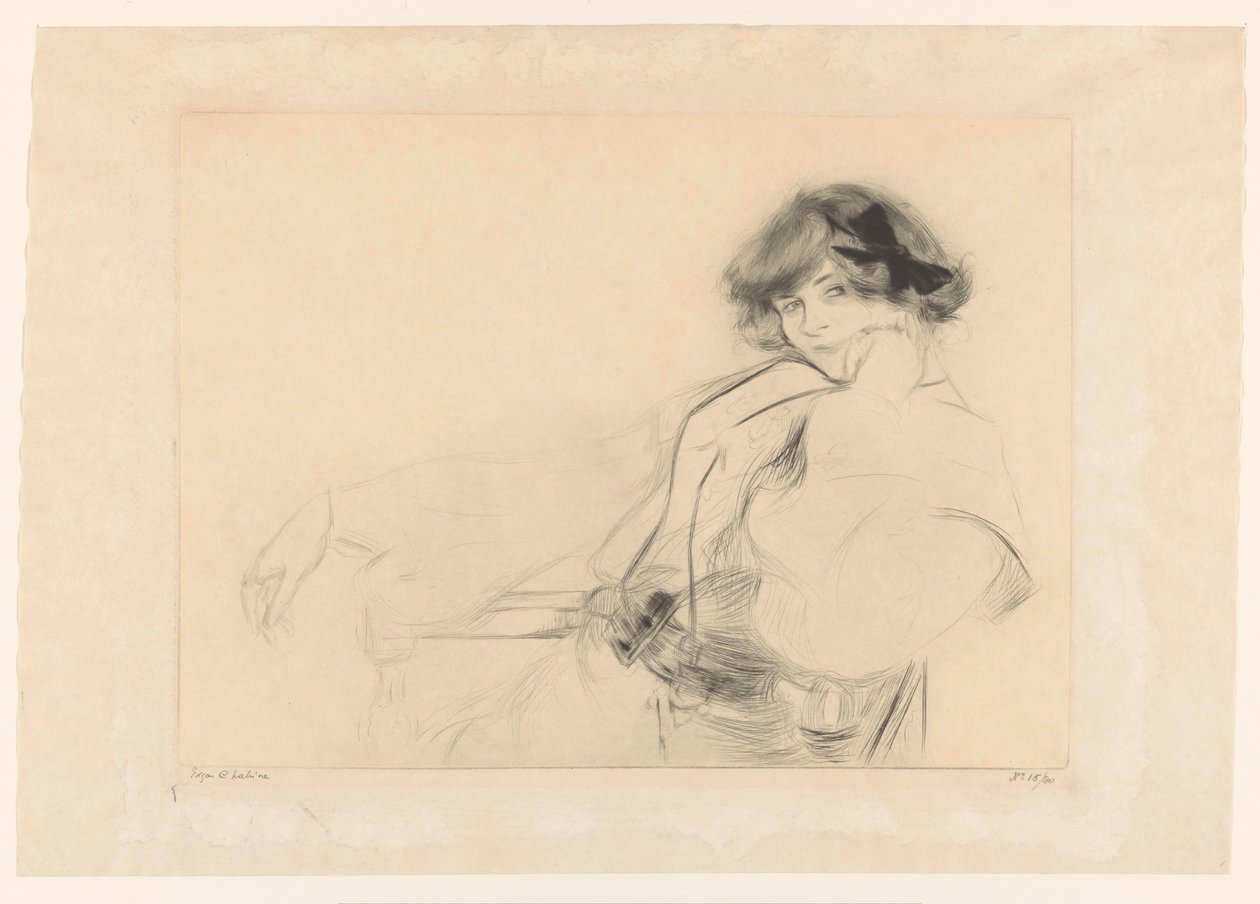 Jonge vrouw met een strik in het haar zittend op een stoel door Edgar Chahine (signed by artist)