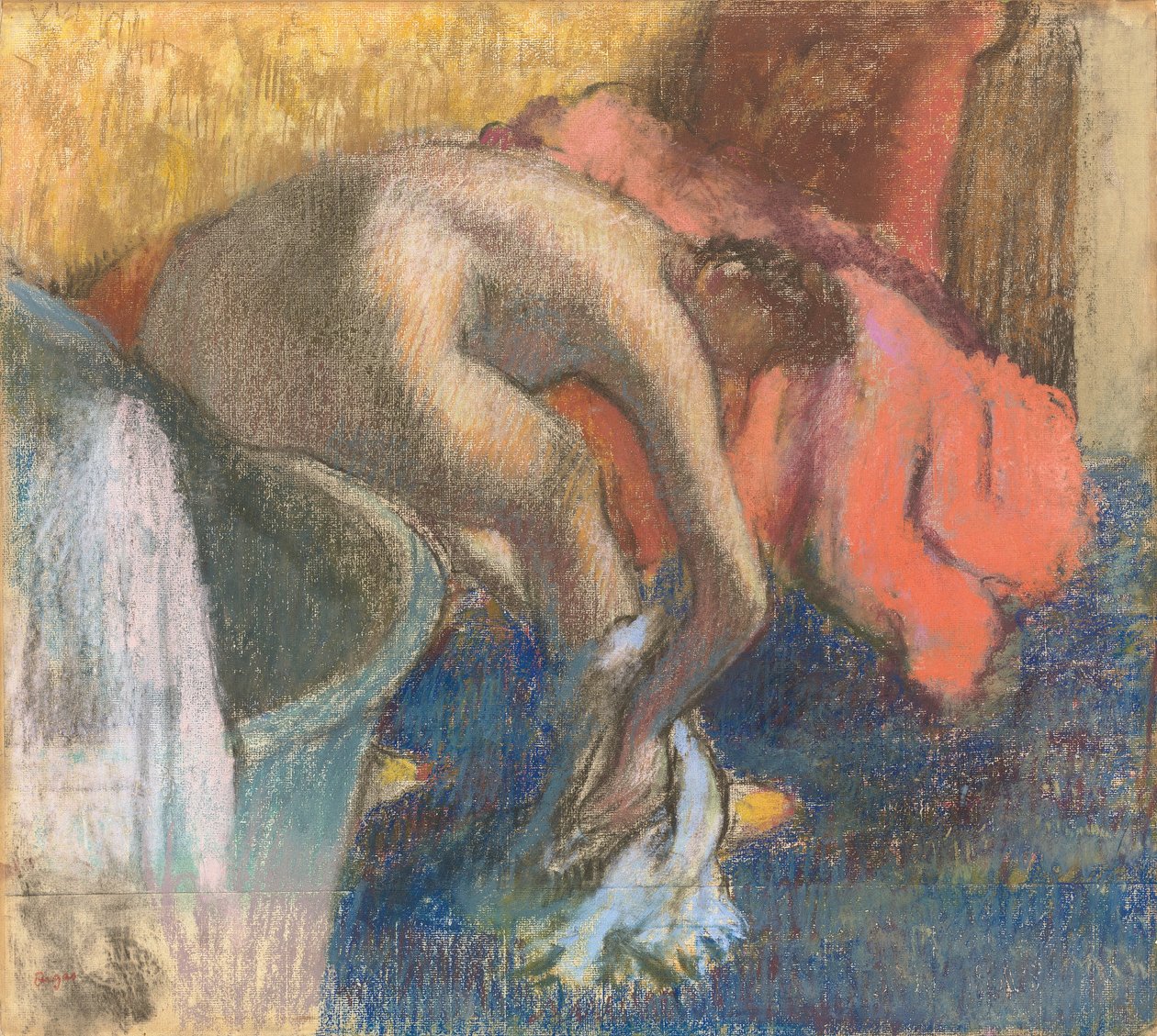 Na het bad, vrouw droogt haar been door Edgar Degas
