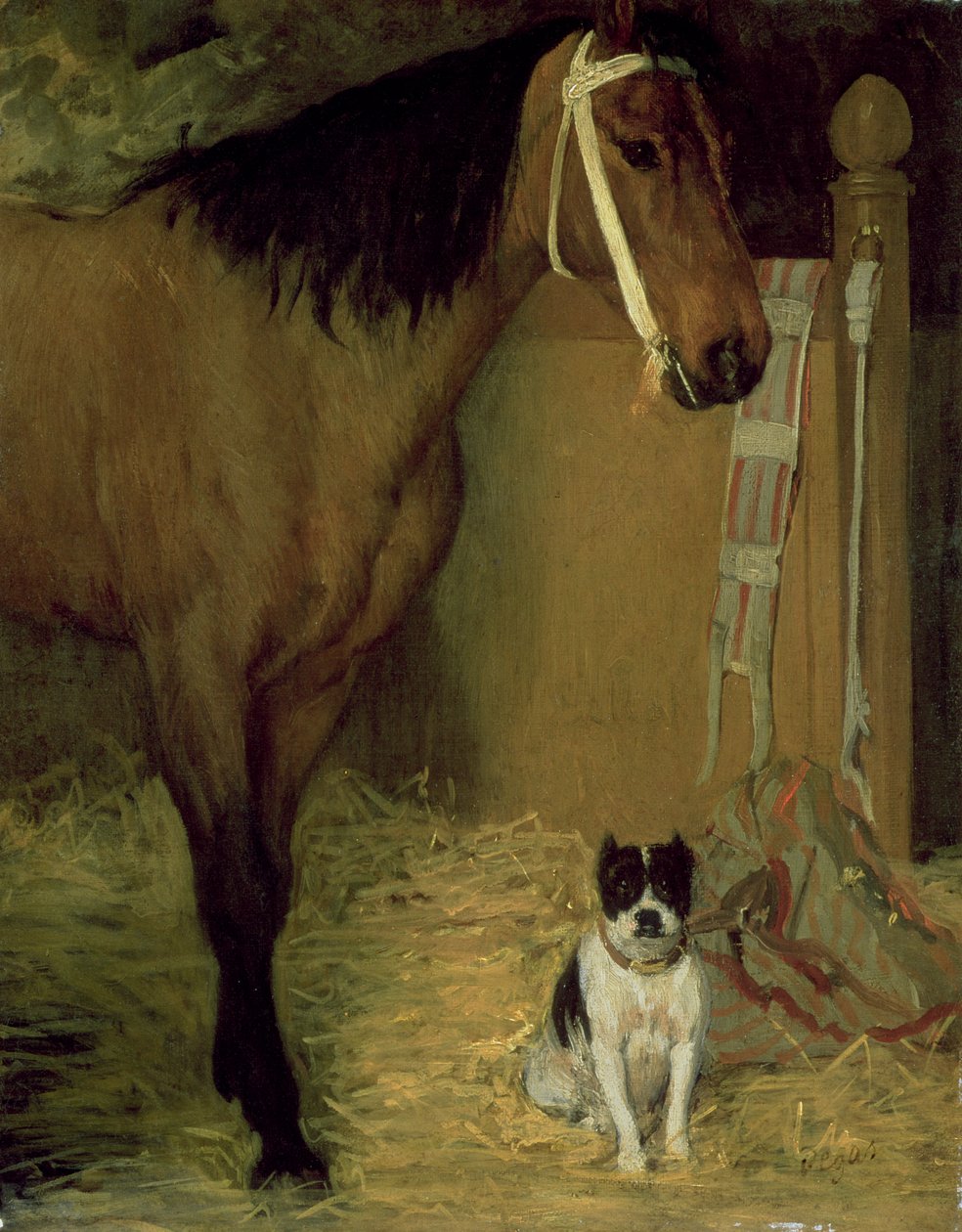 Bij de stal, paard en hond door Edgar Degas
