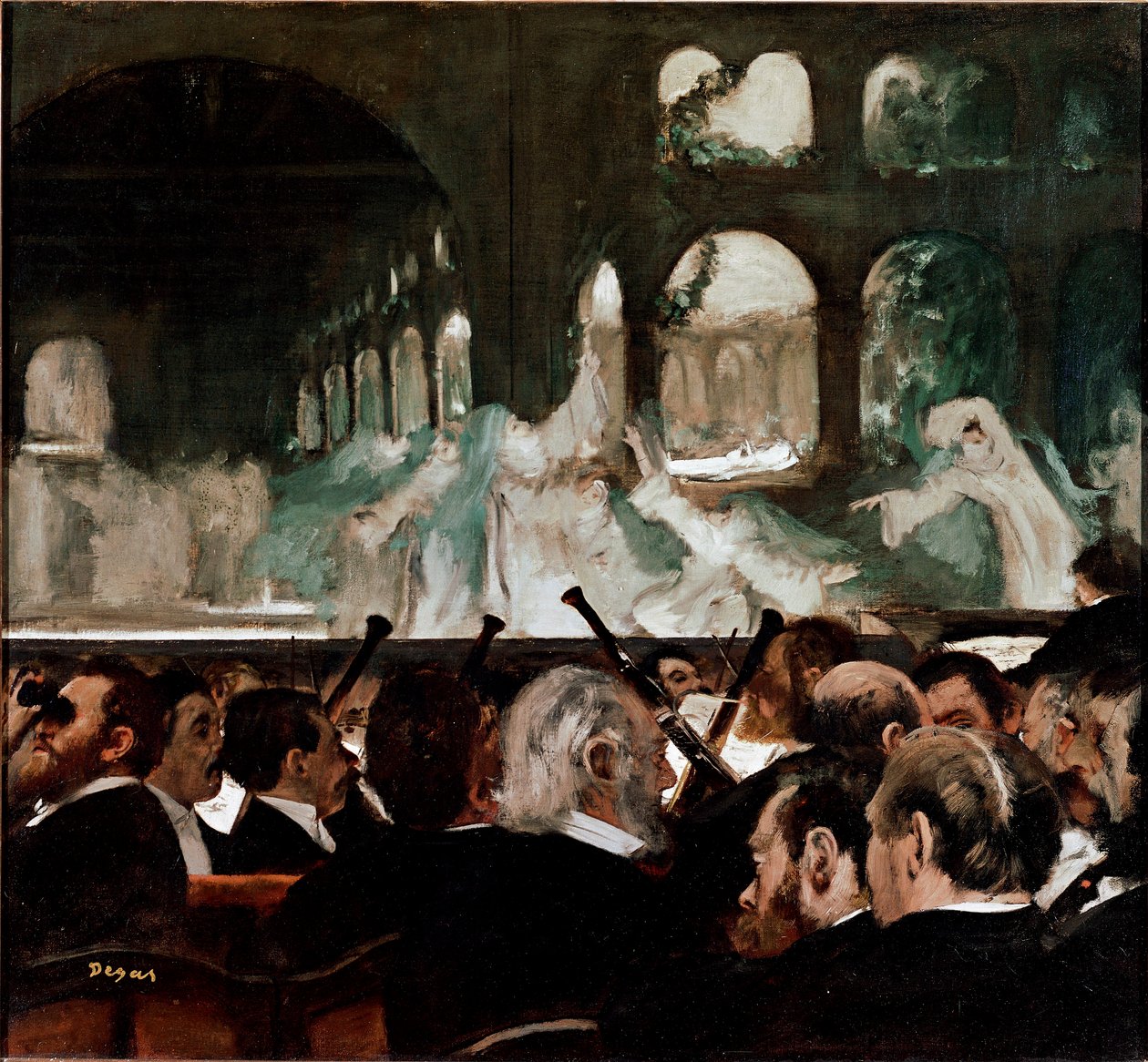 Bij het ballet Robert le Diable van Meyerbeer Ballet gecomponeerd door Jakob (Giacomo) Liebmann Meyerbeer en Eugene Scribe. Voorste rij toeschouwers door Edgar Degas
