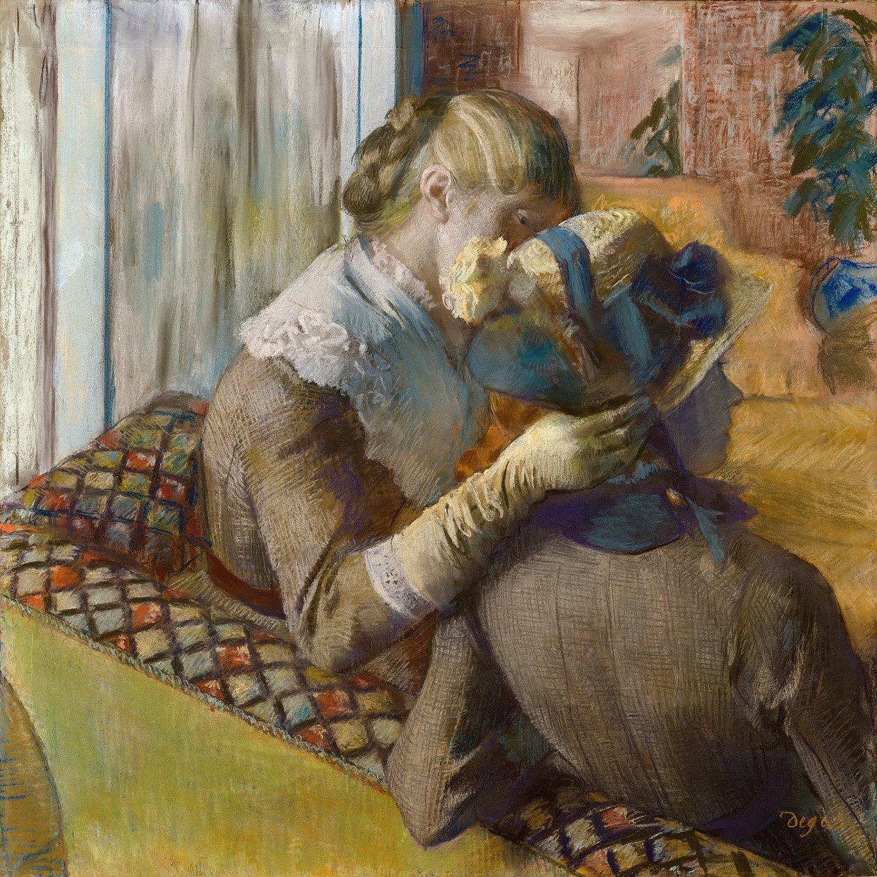 Bij de modeontwerper. Een klant die een hoed probeert door Edgar Degas