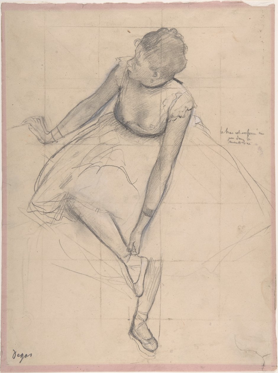 Danseres die haar balletschoen rechtzet door Edgar Degas