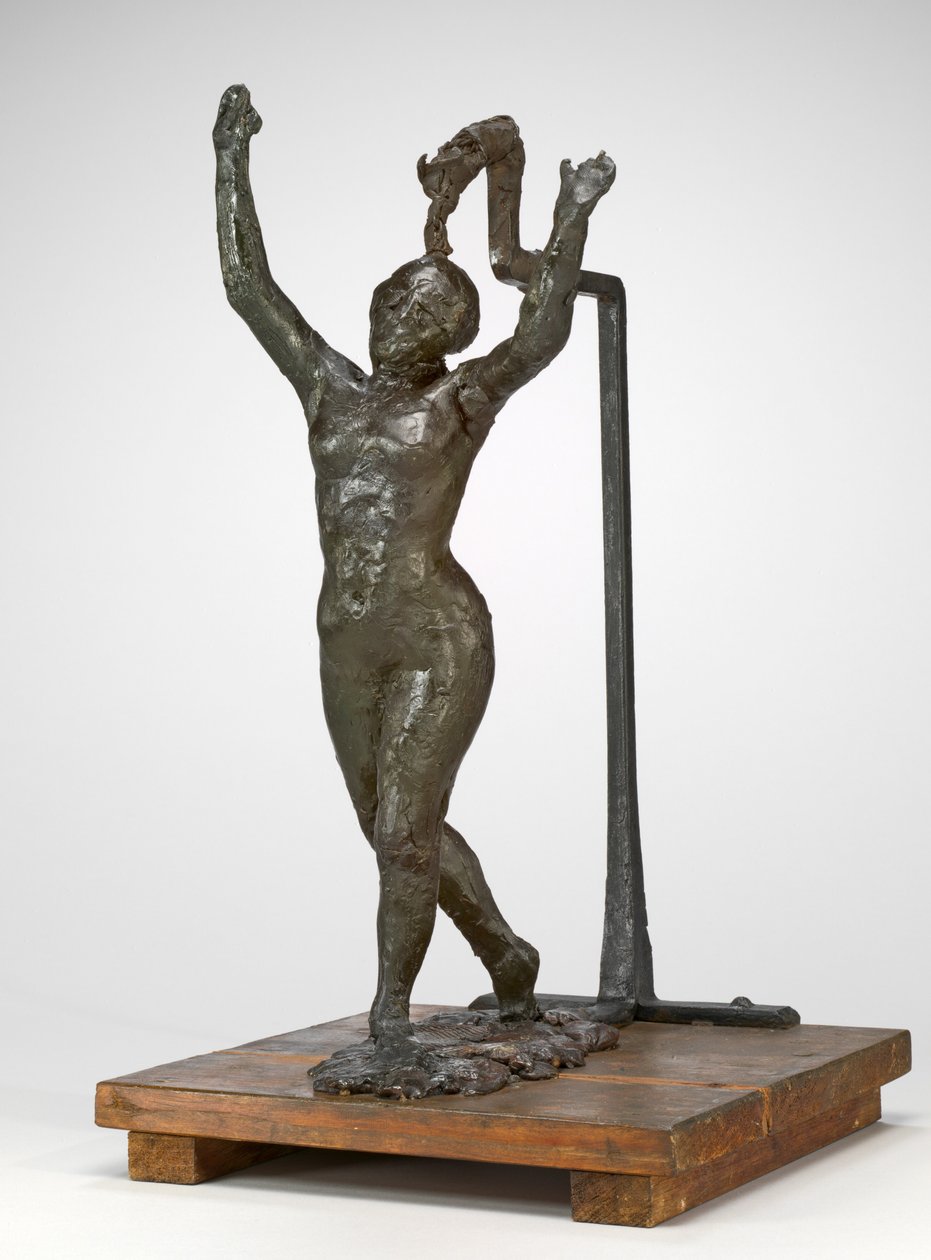 Danseres die vooruit loopt, met opgeheven armen door Edgar Degas