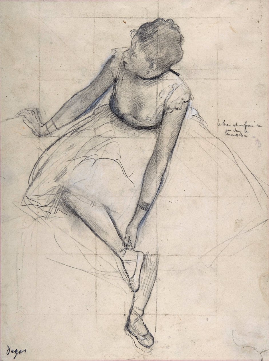 Dancer die haar schoen aanpast (ballerina). Tekening door Edgar Degas (1834-1917) New York City. Metropolitan Museum of Art. door Edgar Degas