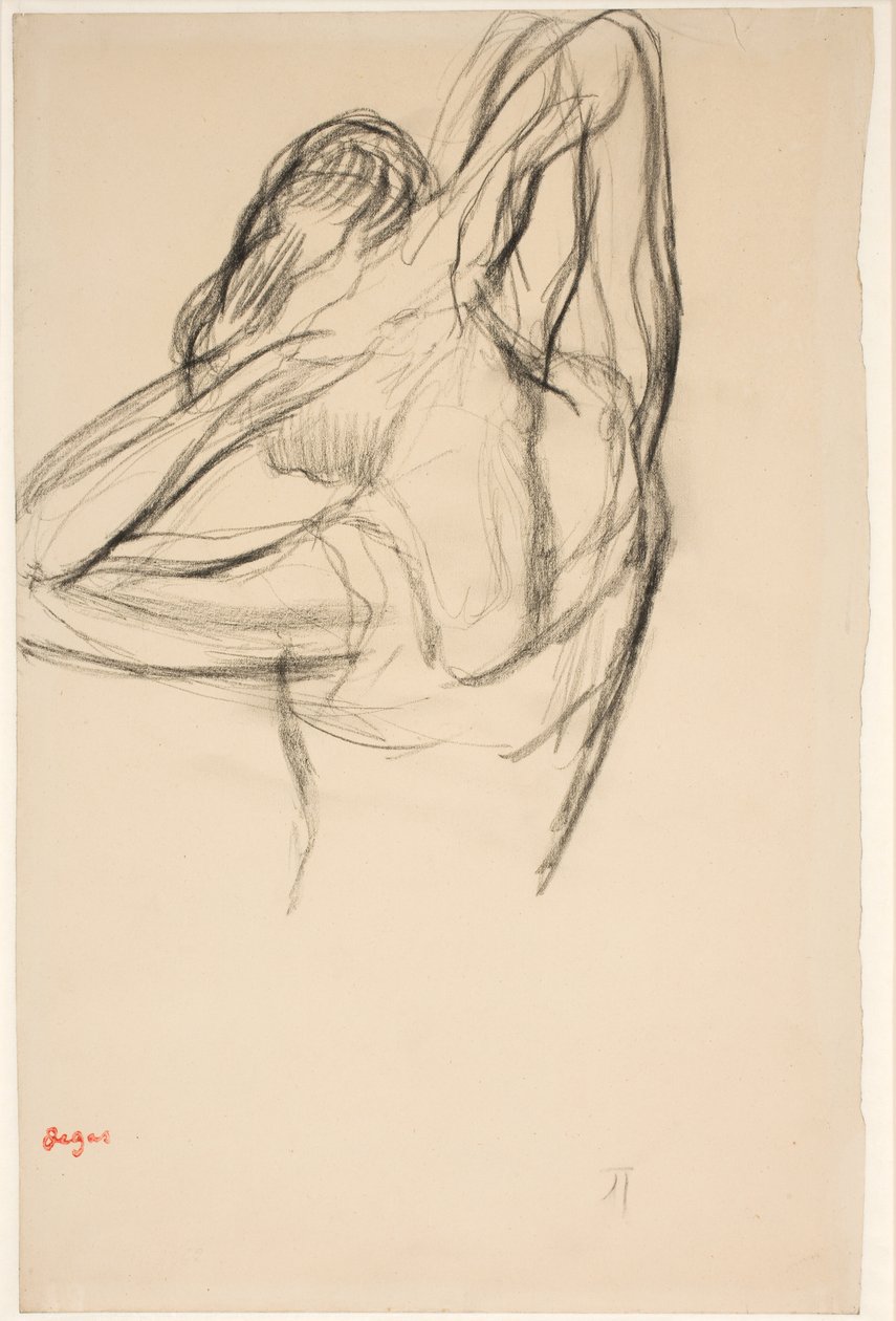 Danseres, halve lichaam, armen gekruist achter haar hoofd, ca. 1890 door Edgar Degas