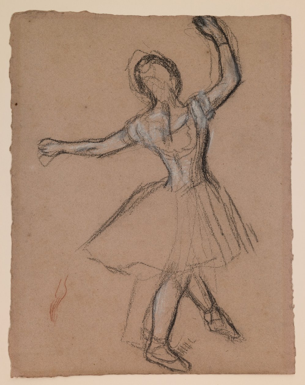 Danseres op het toneel en in beweging, ca. 1880-85 (wit, zwart en rood gefabriceerd krijt) door Edgar Degas