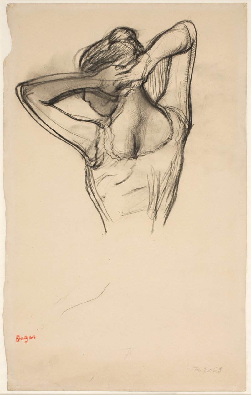 Danseres die haar haar doet; halffiguur in profiel naar links, half van achteren door Edgar Degas