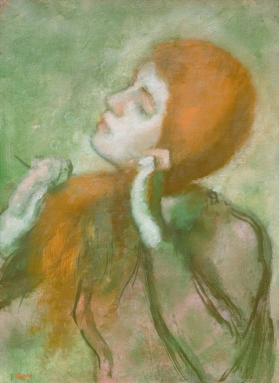 Vrouw kamt haar haar door Edgar Degas