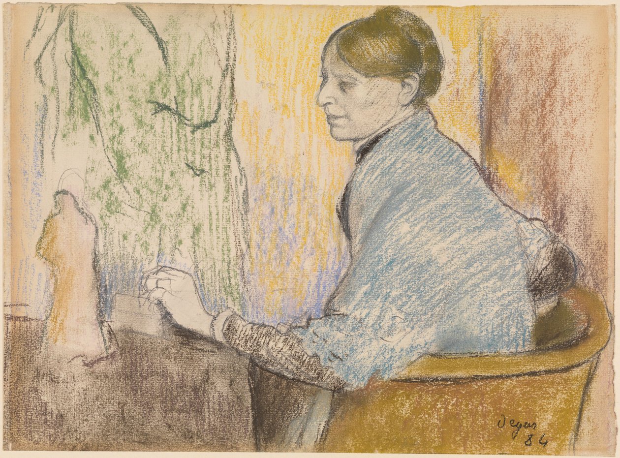 Madame Henri Rouart in een fauteuil voor een tafeltje met een Tanagra-beeldje door Edgar Degas