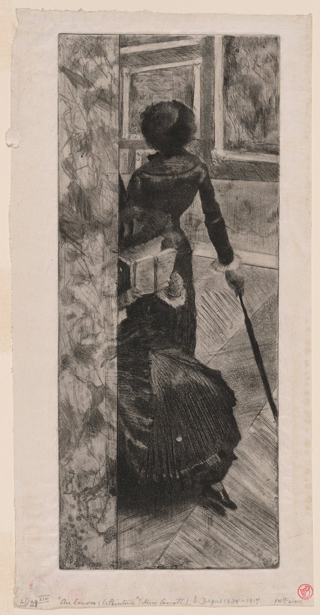 Mary Cassatt in de schilderijengalerij van het Louvre door Edgar Degas