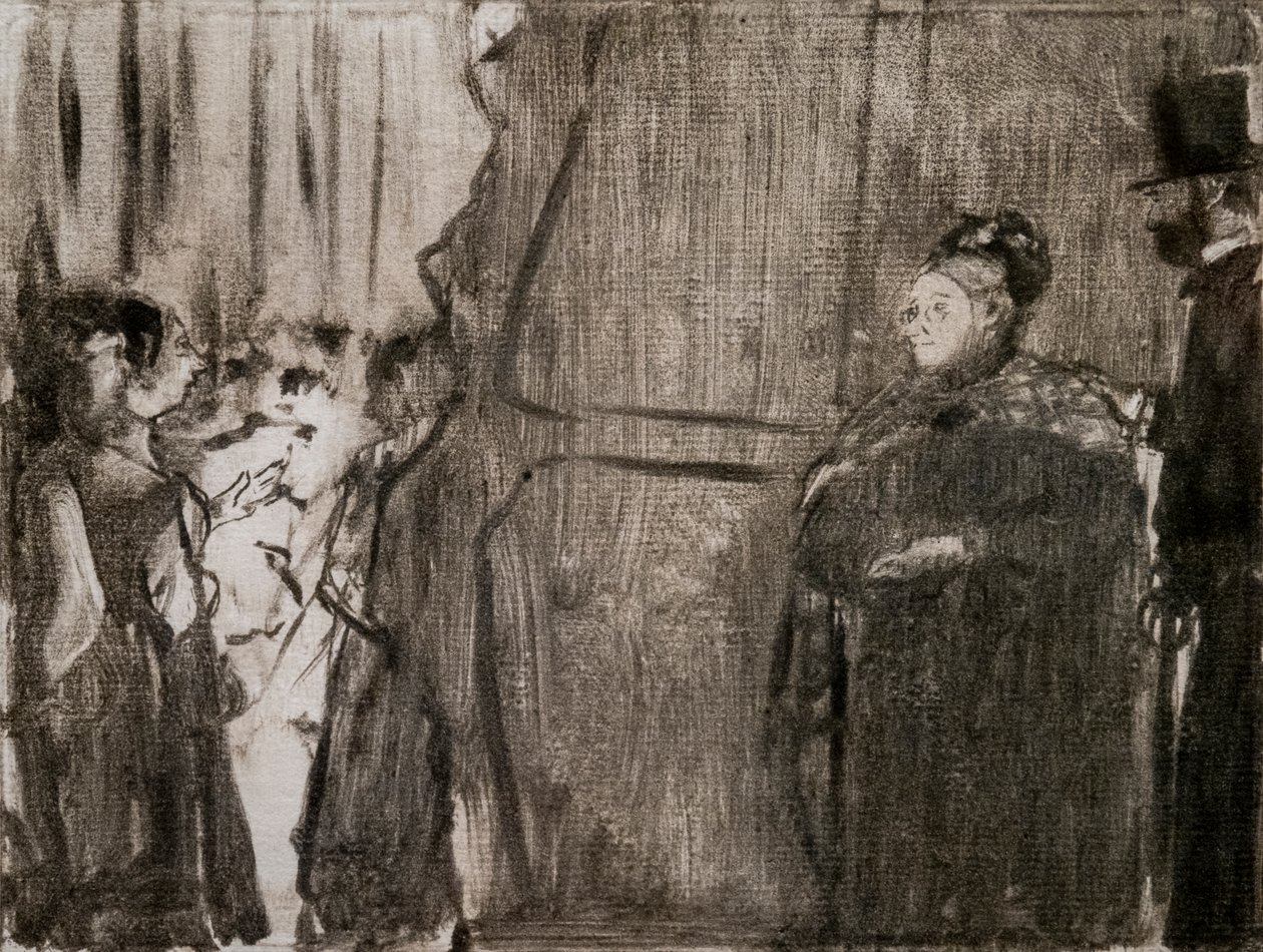 Ontmoet Ludivic Halevy en Madame Cardinal achter de schermen. Rond 1876-1877. Monotype met zwarte inkt. door Edgar Degas