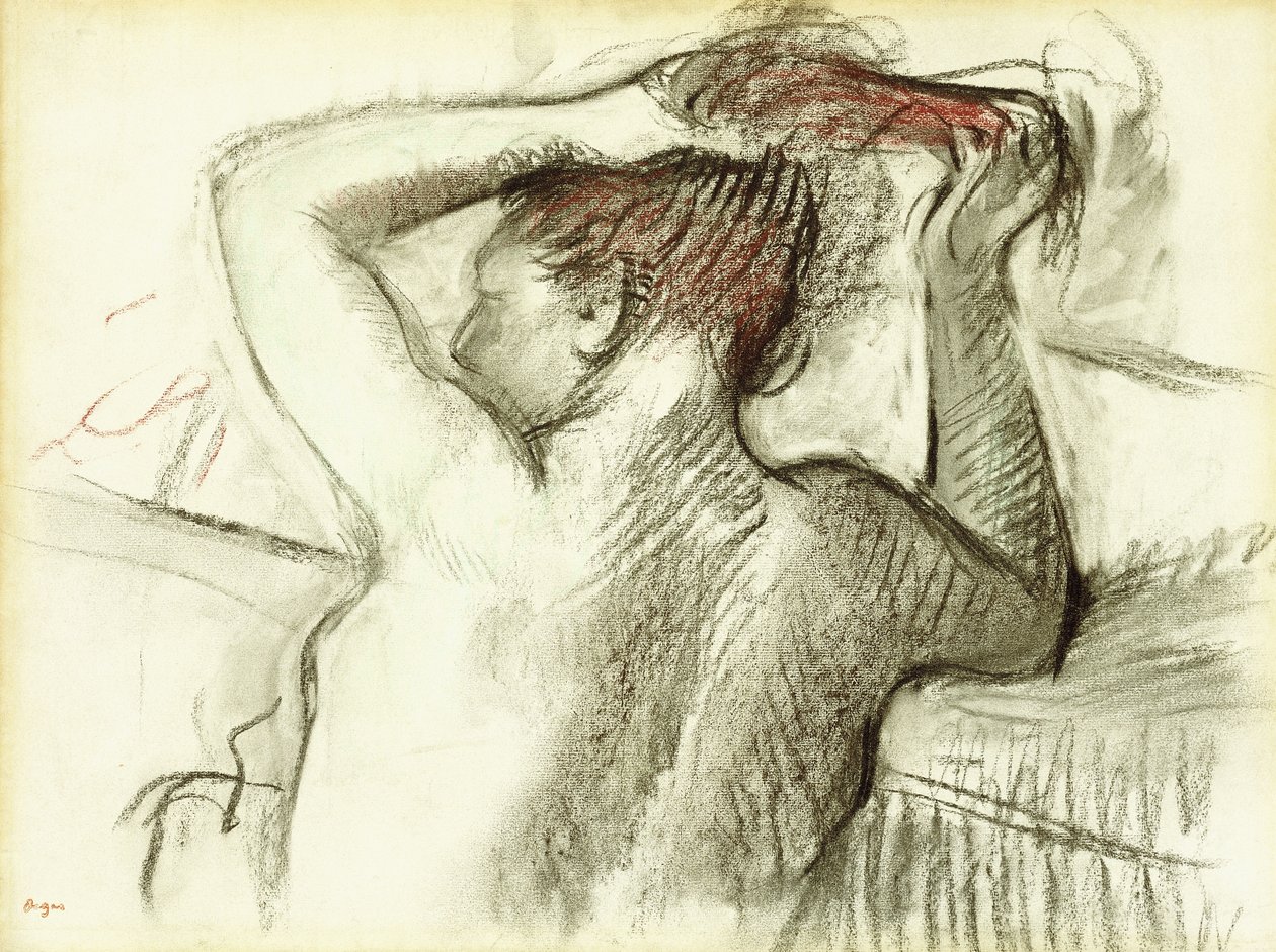 Naakte vrouw die haar haar stylt door Edgar Degas