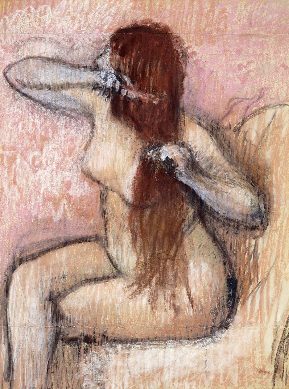 Zittende naakte vrouw die haar haar schikt; Femme nu assise, se coiffant, c.1887-1890 door Edgar Degas