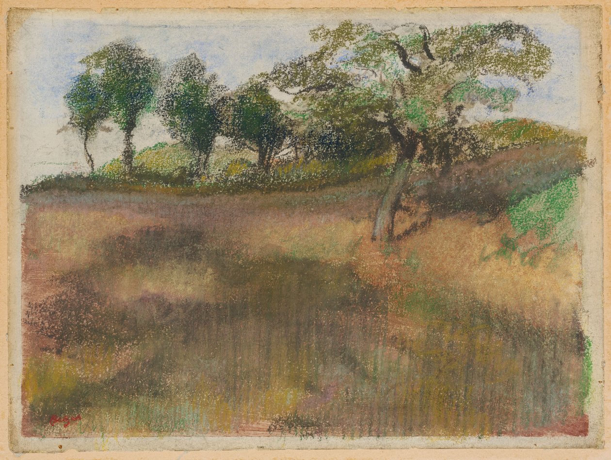 Omgeploegd veld omzoomd door bomen door Edgar Degas