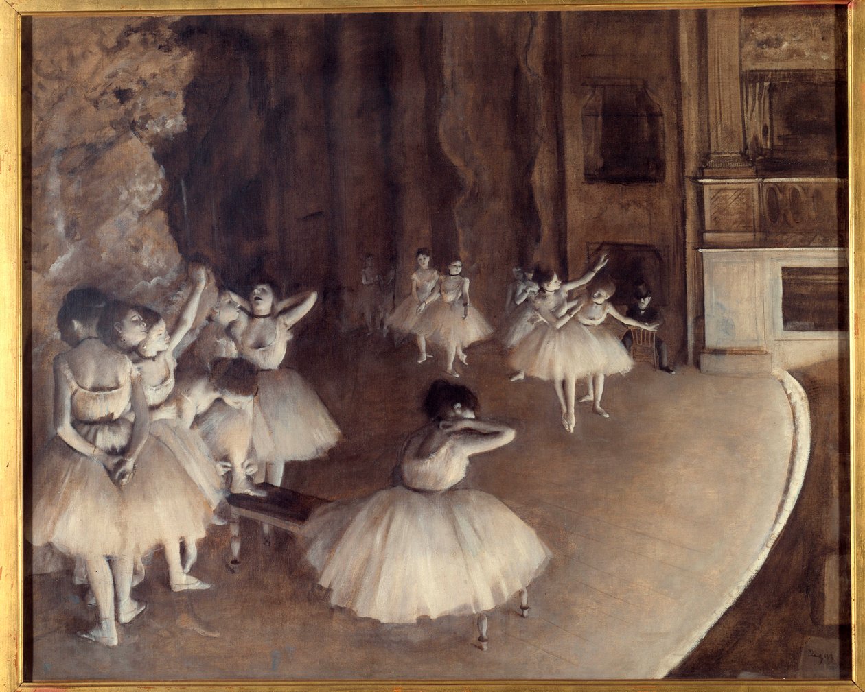 Repetitie van een ballet op het podium (schilderij) (1874) door Edgar Degas