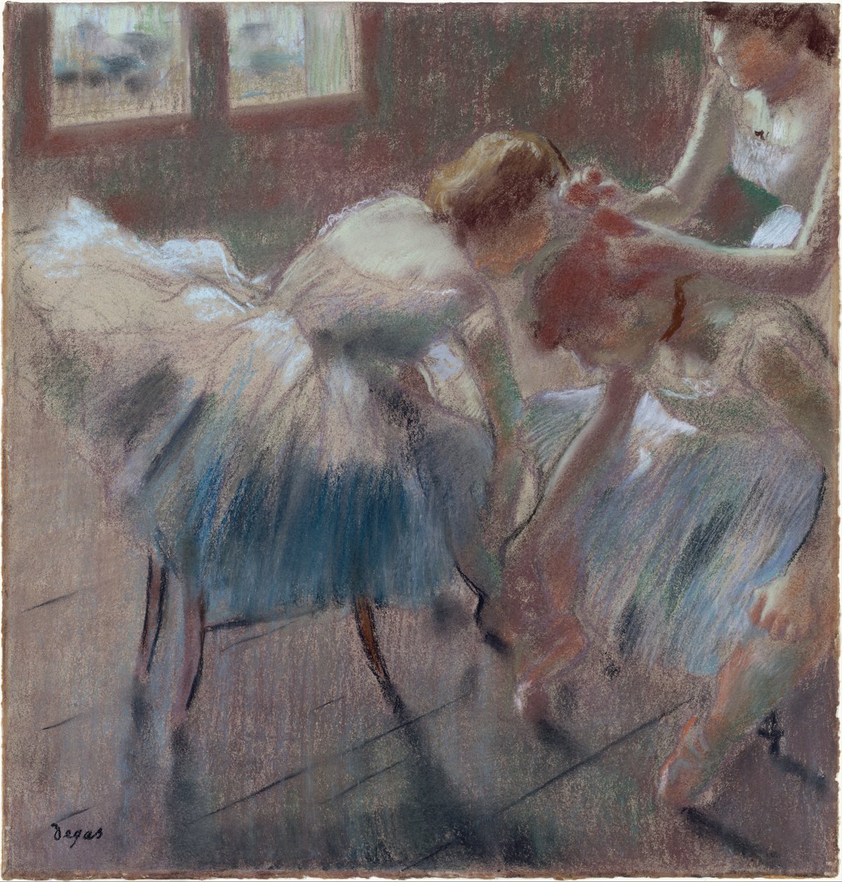 Drie dansers die zich klaarmaken voor de les door Edgar Degas