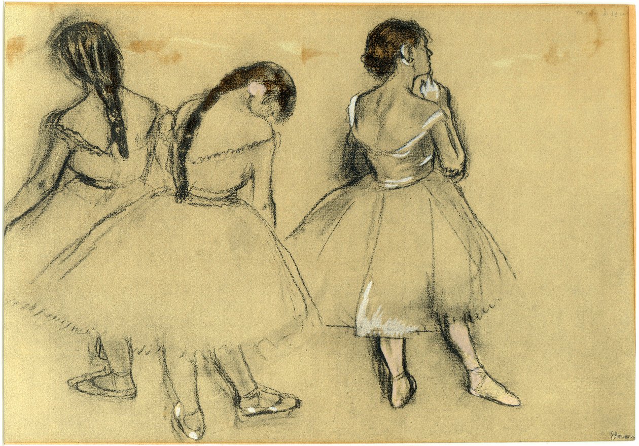 Drie danseressen: houtskool en pastel op papier (circa 1880) door Edgar Degas (1834-1917) - privécollectie - dans, ballet, tutu, slippers, opera - haar, haar - haar, haar, haar, haar, haar, haar, haar, haar, haar, haar, haar, haar, haar, haar, haar, haar,  door Edgar Degas