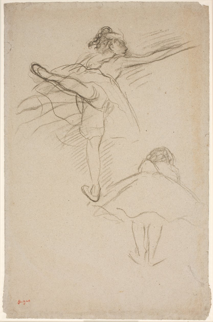 Twee studies van danseressen. Bovenste danseres staand op linkerbeen; onderste voorovergebogen danseres gezien vanaf de rug door Edgar Degas