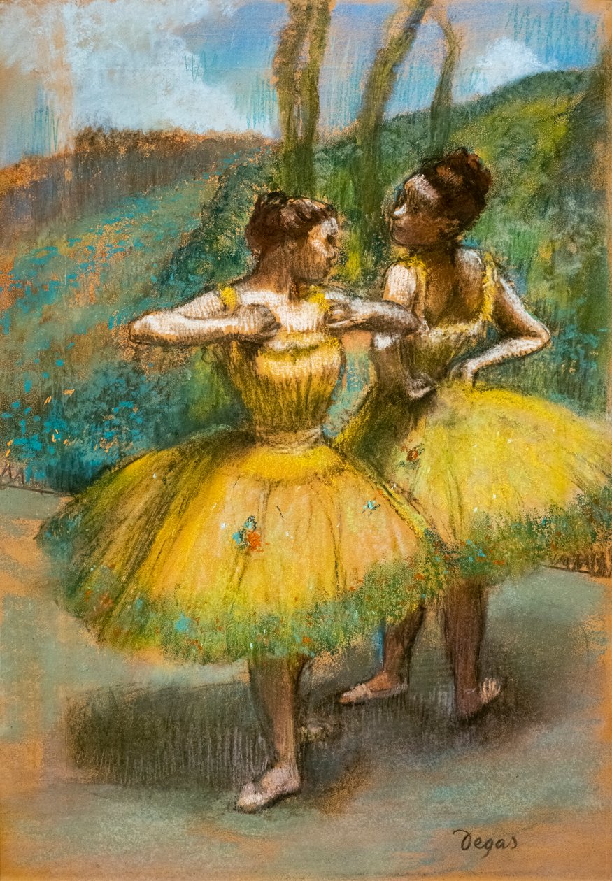 Twee dansers in geel. Rond 1896. Pastel en houtskool op twee stroken papier. door Edgar Degas