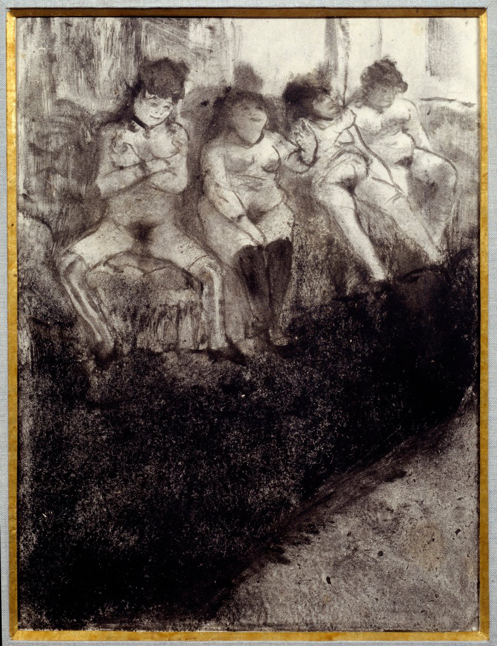 Wachten Tweede versie. Er wachten prostituees op klanten in een bordeel door Edgar Degas