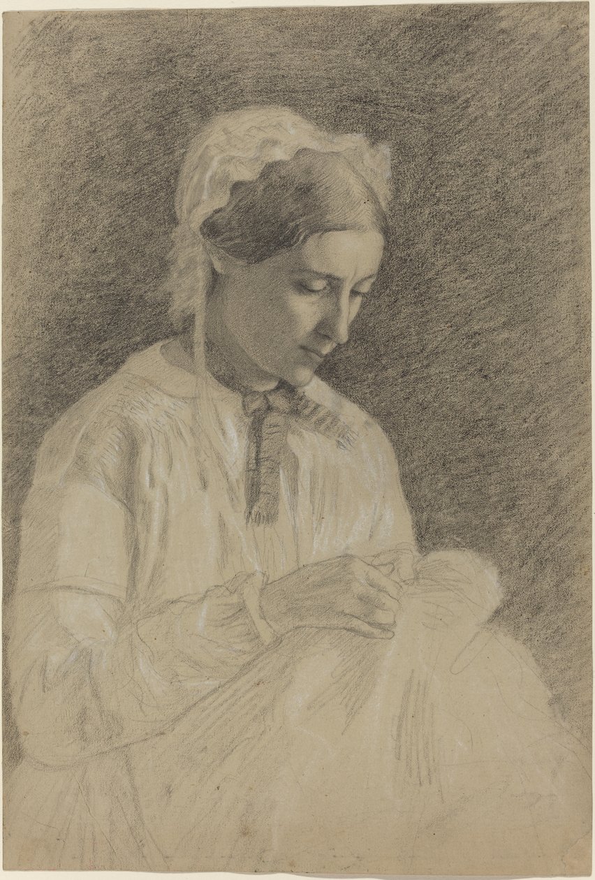 Vrouw aan het borduren, 1855-1860 door Edgar Degas