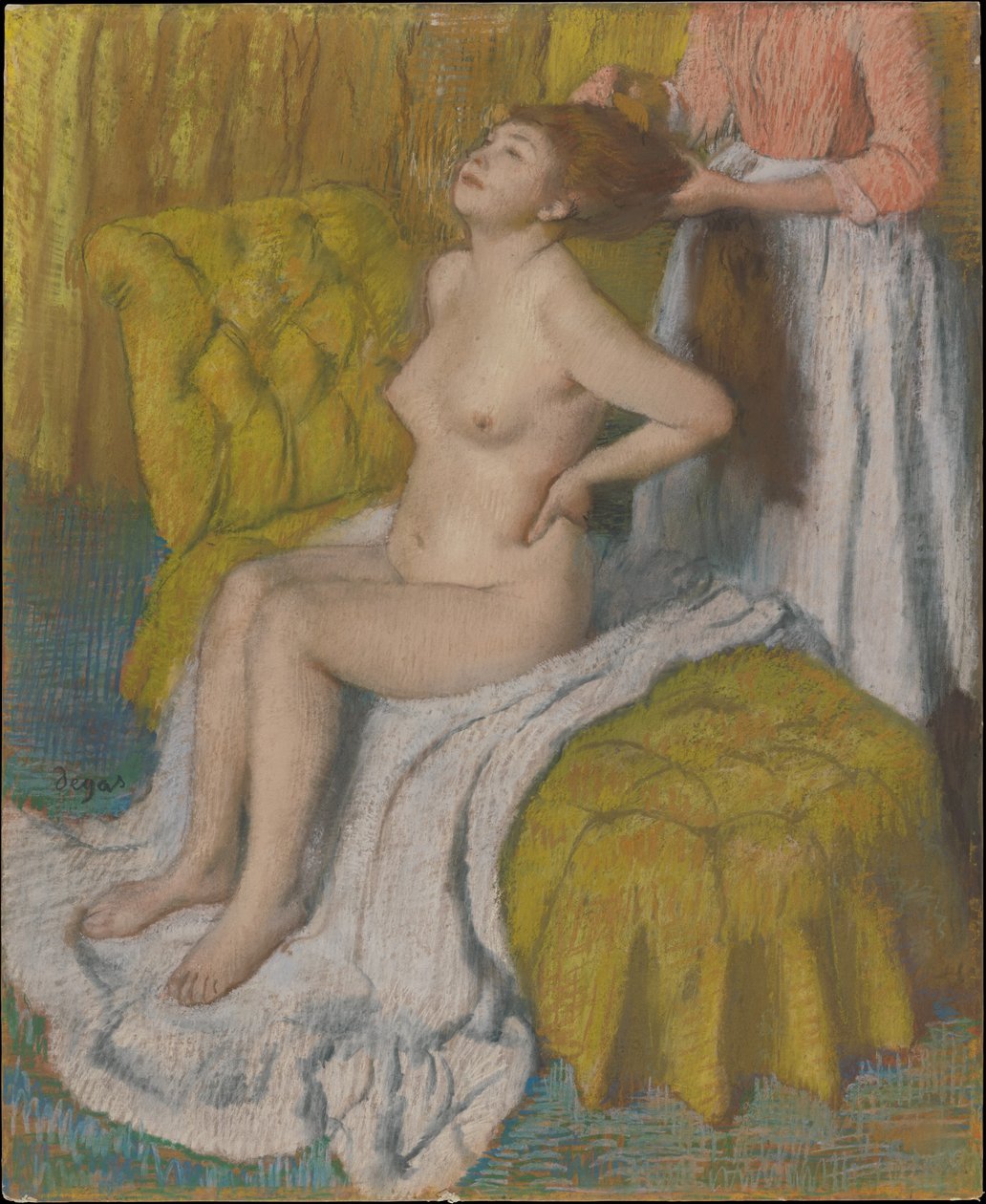 Vrouw die haar haar laat kammen door Edgar Degas