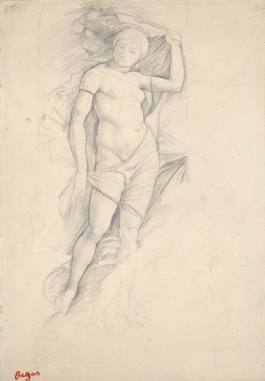 Vrouw, gedeeltelijk gedrapeerd, met een lichte studie van een centaur, rechtsonder, eind 19e eeuw door Edgar Degas