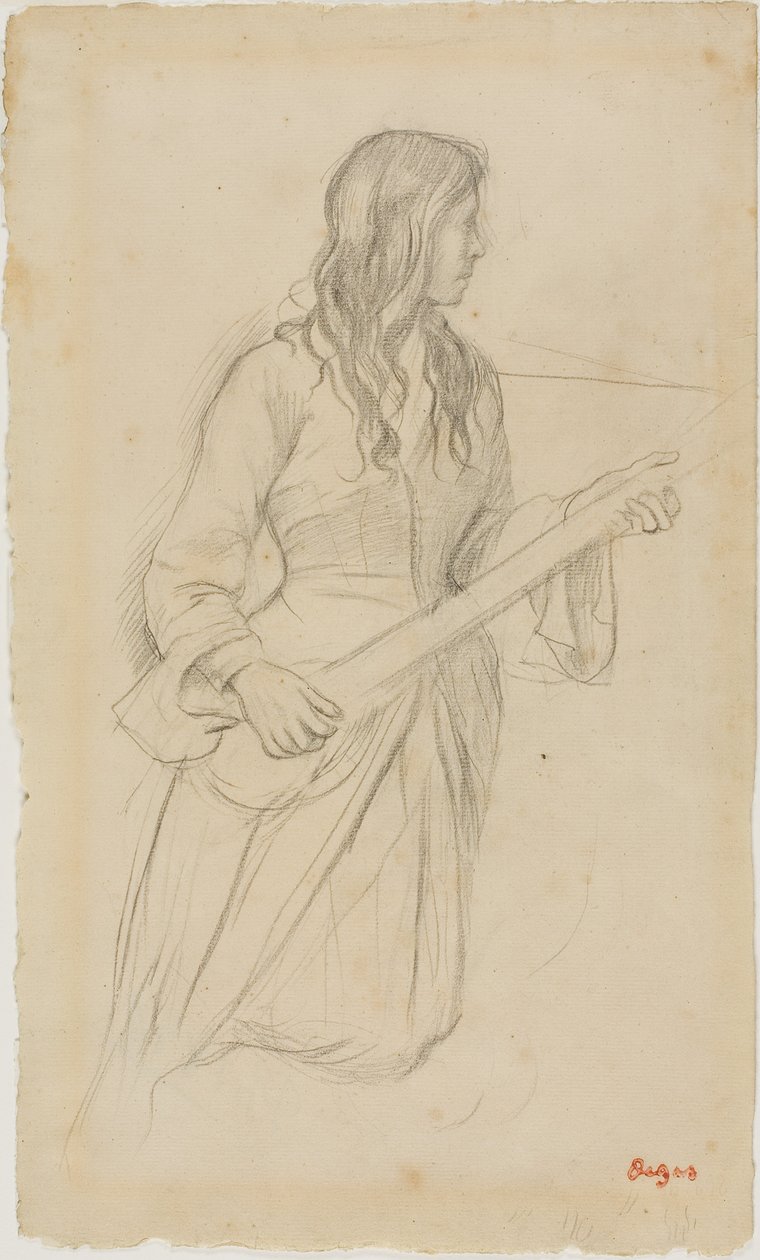 Jonge vrouw die mandoline speelt, studie voor portret van Mlle. Fiocre in het ballet "La Source". door Edgar Degas