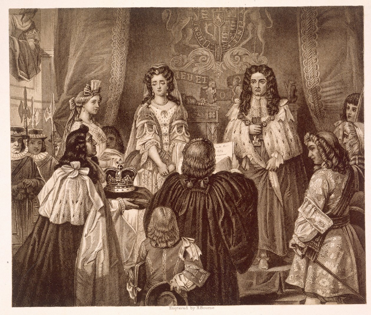 De kroon aangeboden aan Willem en Maria door de Heren en Gemeenten in Whitehall, 12 februari door Edgar Melville (after) Ward